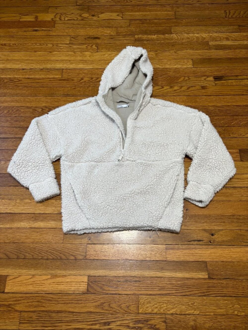 Prana Sherpa Hoodie Womens Medium Beige Long Sleeve Pockets 1/4 Zip Pullover